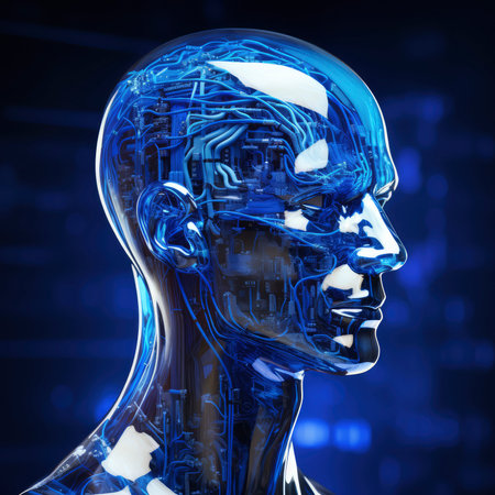 3d render of cyborg head with circuit board on blue backgroundの素材