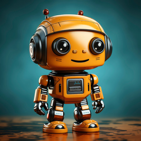 Cute orange robot with headphones. 3d illustration. Vintage style.の素材