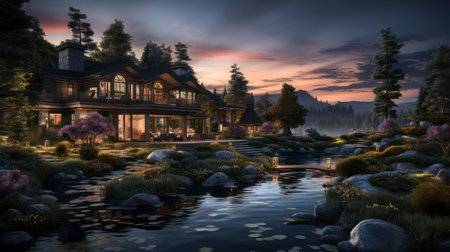 3D rendering of a luxury chalet with lake and treesの素材