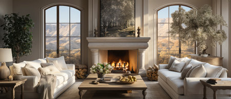 3d rendering of a modern living room interior design with fireplace.の素材