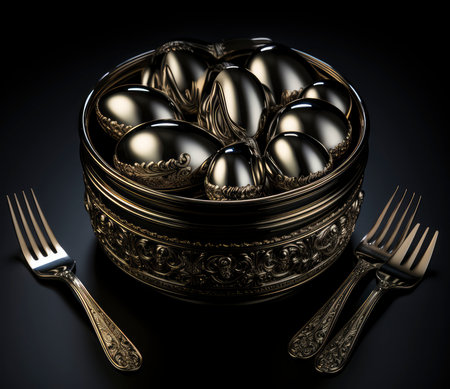 Easter eggs in a bowl and cutlery on a black backgroundの素材