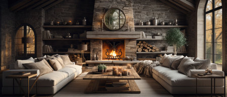 Cozy living room interior design with fireplace. 3D rendering.の素材