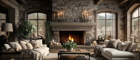 Interior of a living room with fireplace. 3D rendering.の素材