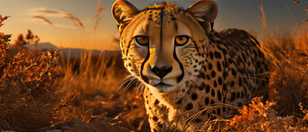 Cheetah in the savannah at sunset - 3D renderの素材