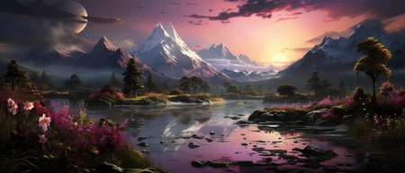 Beautiful fantasy landscape with mountains and lake. 3d render illustrationの素材