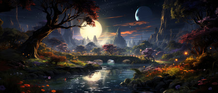 Fantasy landscape with river, bridge and moon. 3D renderingの素材