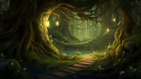 Fantasy landscape with a path in the forest. 3D renderingの素材