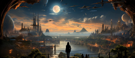 Mystical fantasy landscape with a man looking at the ancient city.の素材