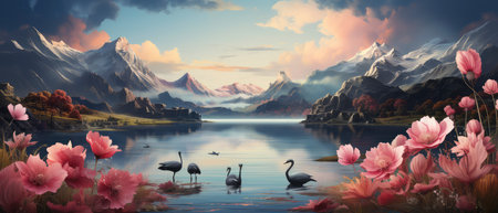 Fantasy landscape with lake, mountains and swans. Digital painting.の素材