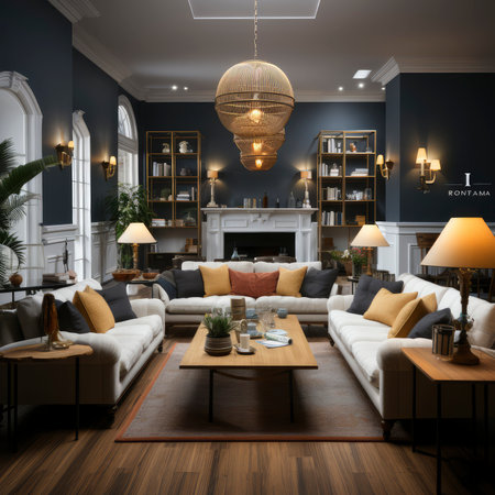 Luxury living room with classic furniture and fireplace. 3d renderの素材