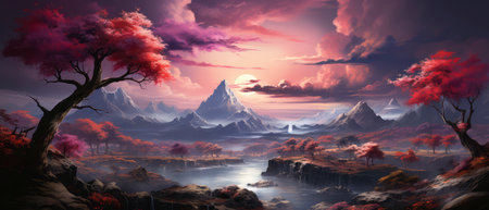 Fantasy landscape with mountains and lake. Digital art painting illustration.の素材