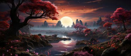 Fantasy landscape with red trees and lake. 3D illustration.の素材