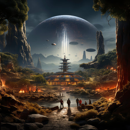 Fantasy landscape with temple in the middle of the forest. 3D renderingの素材