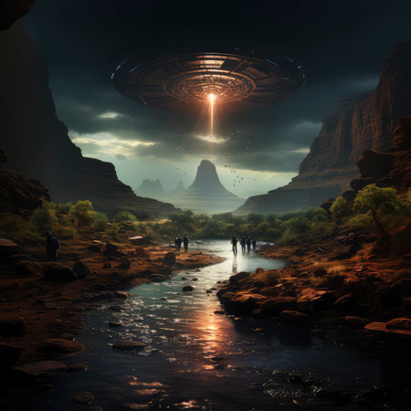 Fantasy landscape with UFO flying over the river. 3D renderingの素材