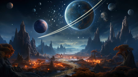 Fantasy landscape with planets, stars and nebula. 3d illustrationの素材