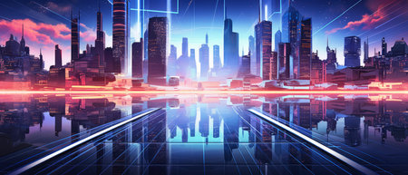 Futuristic city at night. Futuristic cityscape with skyscrapers and neon lightsの素材