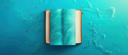 Top view of open book on blue water background, 3d renderingの素材