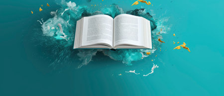 Open book on a blue water background. Education concept. 3d renderingの素材