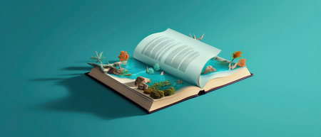 Open book with nature elements on the pages. 3D illustration.の素材