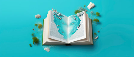 Open book with world map on blue background. 3d illustration.の素材