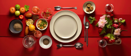 Table setting with plates, cutlery and fruits on red backgroundの素材