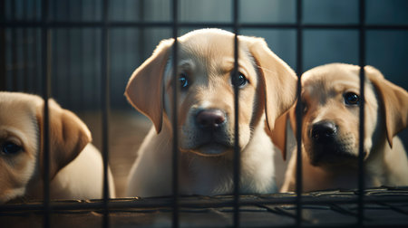 Three puppies of labrador retriever in a cage, close upの素材