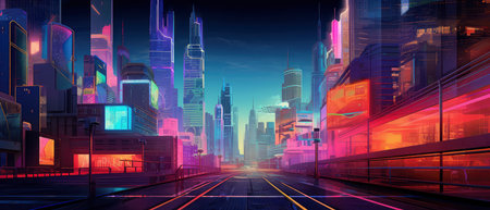 Futuristic city at night with neon lights. 3d renderingの素材