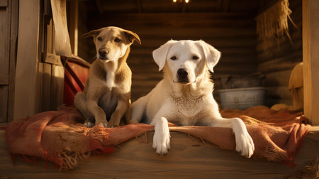 Two dogs in a rustic wooden house. Selective focus.の素材