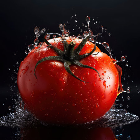 Fresh tomato with water splash isolated on black background. Water drops on tomato.の素材