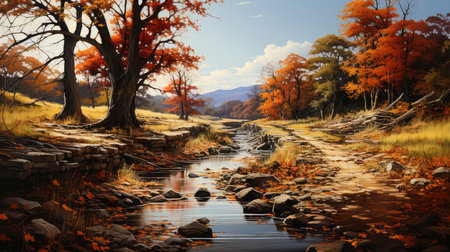 Autumn landscape with river and fallen leaves. 3d render.の素材