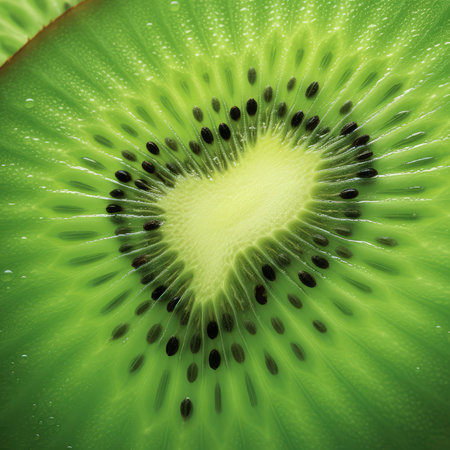 Kiwi fruit close-up with a heart-shaped holeの素材