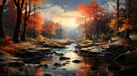 Autumn landscape with forest and river. Digital painting. 3d renderingの素材
