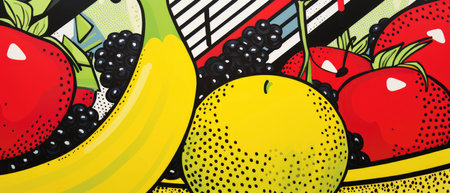 Fruits and vegetables background. Vector illustration in pop art style.の素材