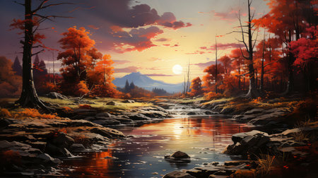 Beautiful autumn landscape with river and forest. 3d render illustrationの素材