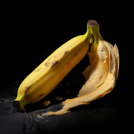 Broken yellow banana on a black background. The concept of diet and healthy eating.の素材