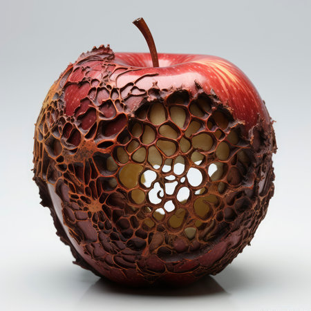 Red apple with holes on a white background. 3d illustration.の素材