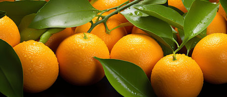Oranges with leaves on a black background. Close-up.の素材