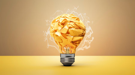 Conceptual image with crumpled paper light bulb on yellow backgroundの素材