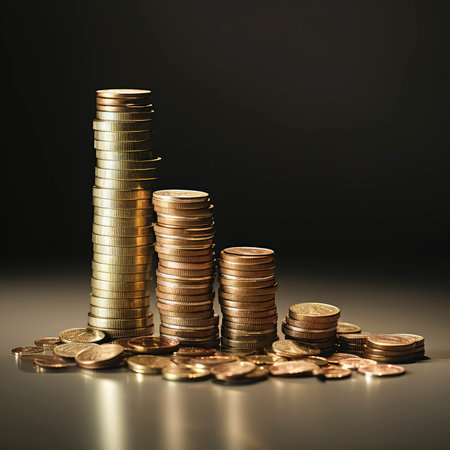 Stacks of gold coins on dark background, business and finance conceptの素材