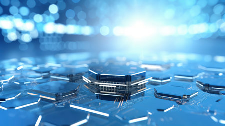 3d rendering of computer circuit board in blue light background. Technology conceptの素材