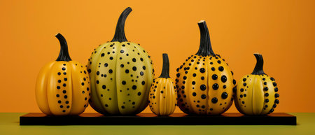 Halloween pumpkins with polka dots on yellow background. 3d renderの素材