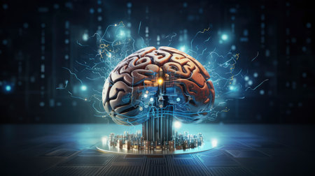 Brainstorming concept with 3D rendering human brain and glowing backgroundの素材