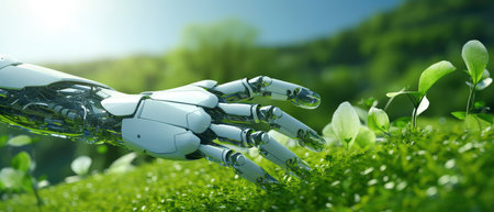 Robot hand touching green plant on blurred nature background 3D renderingの素材