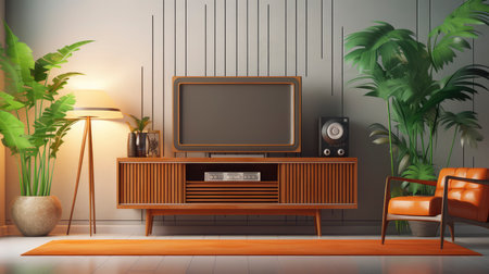 TV on the cabinet in living room. 3d rendering, illustrationの素材