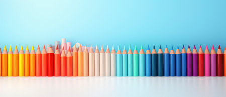 3d render of color pencils in a row on blue backgroundの素材