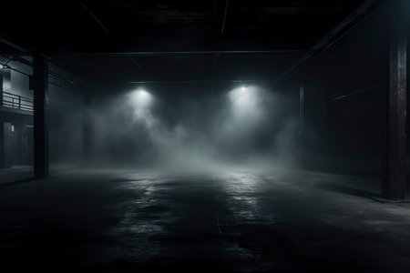 Dark corridor with lights and smoke. Dark room with smoke. 3D renderingの素材