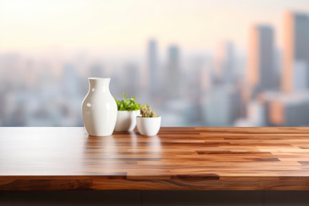 Empty wooden table with vase and plant on city background. For product displayの素材