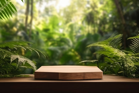 Wooden product display stand with green nature background. 3d renderingの素材