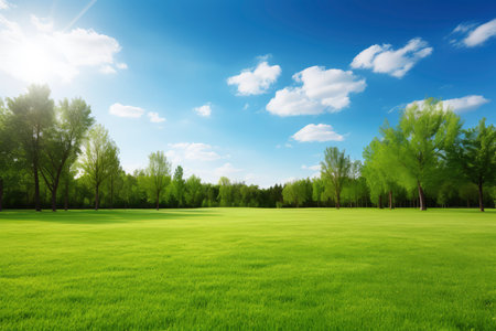 Green grass field with blue sky and white clouds. Nature background.の素材