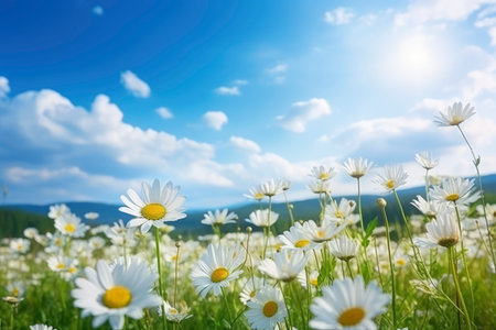field of daisies on a background of blue sky with cloudsの素材